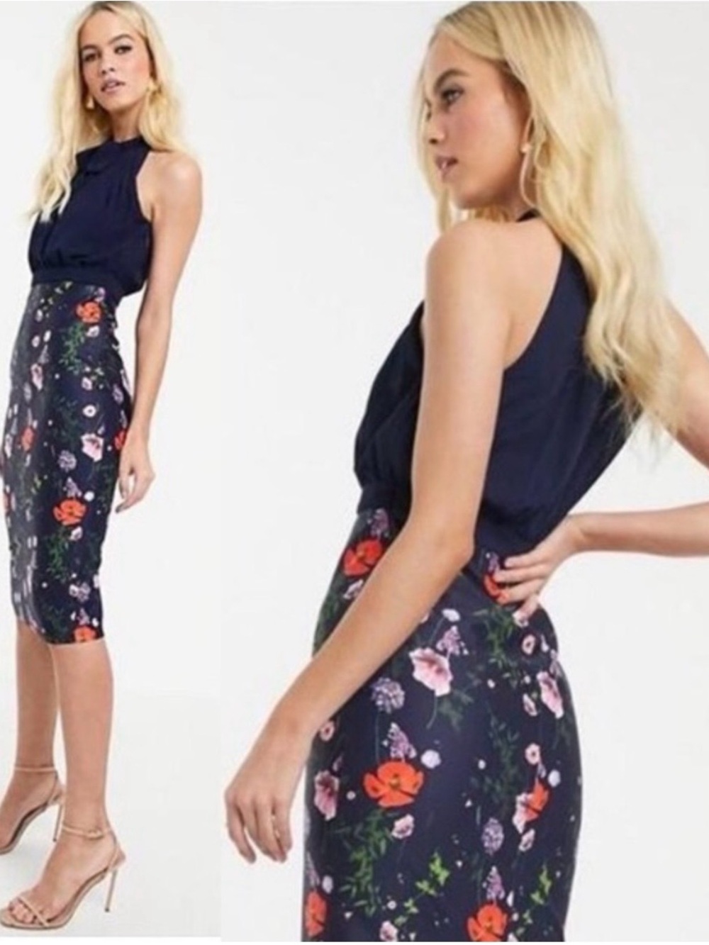 Ted Baker London Shimma Navy Floral Halter Pleated Midi Dress Ted Size 2 US 4-6